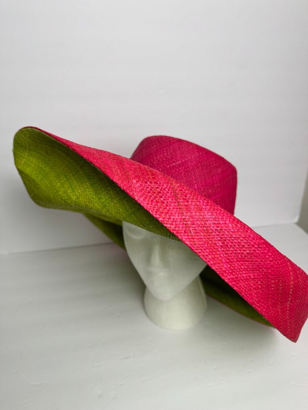 Hand Woven Madagascar Big Brim RAFFIA Sun Hat Pink & Neon Green Sz XL 23.5" - Picture 1 of 12